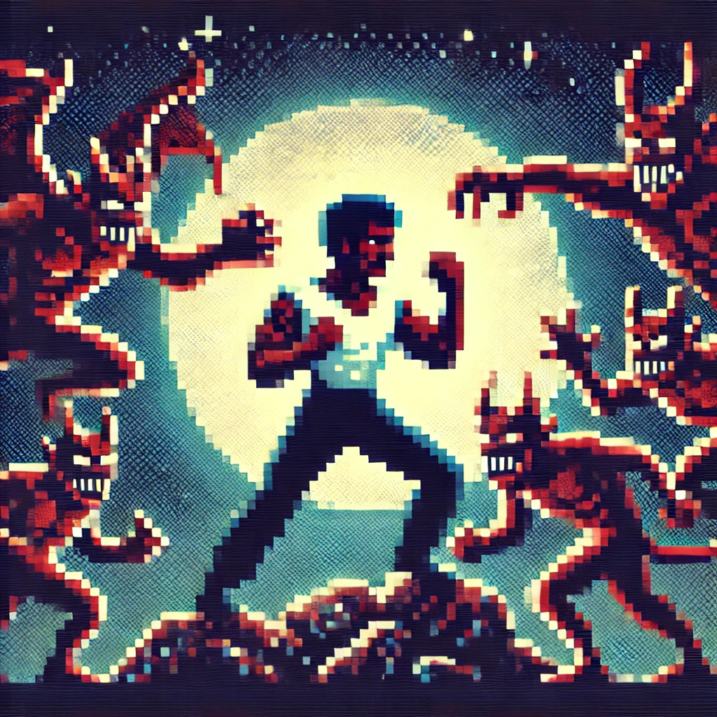 Hero fighting demons in 8-bit style